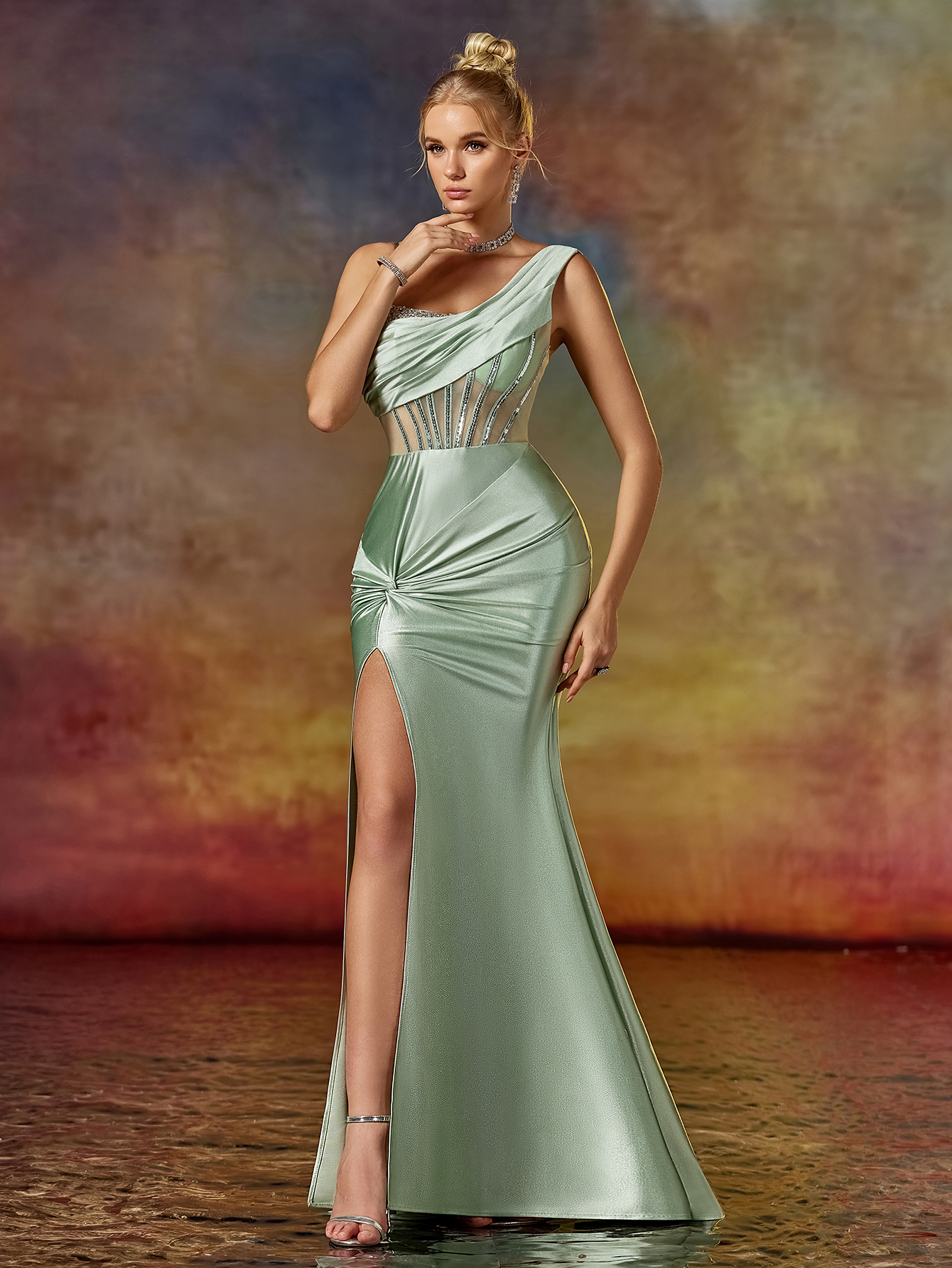 Modecrush One-Shoulder Beaded & Draped Evening Gown with High Slit
