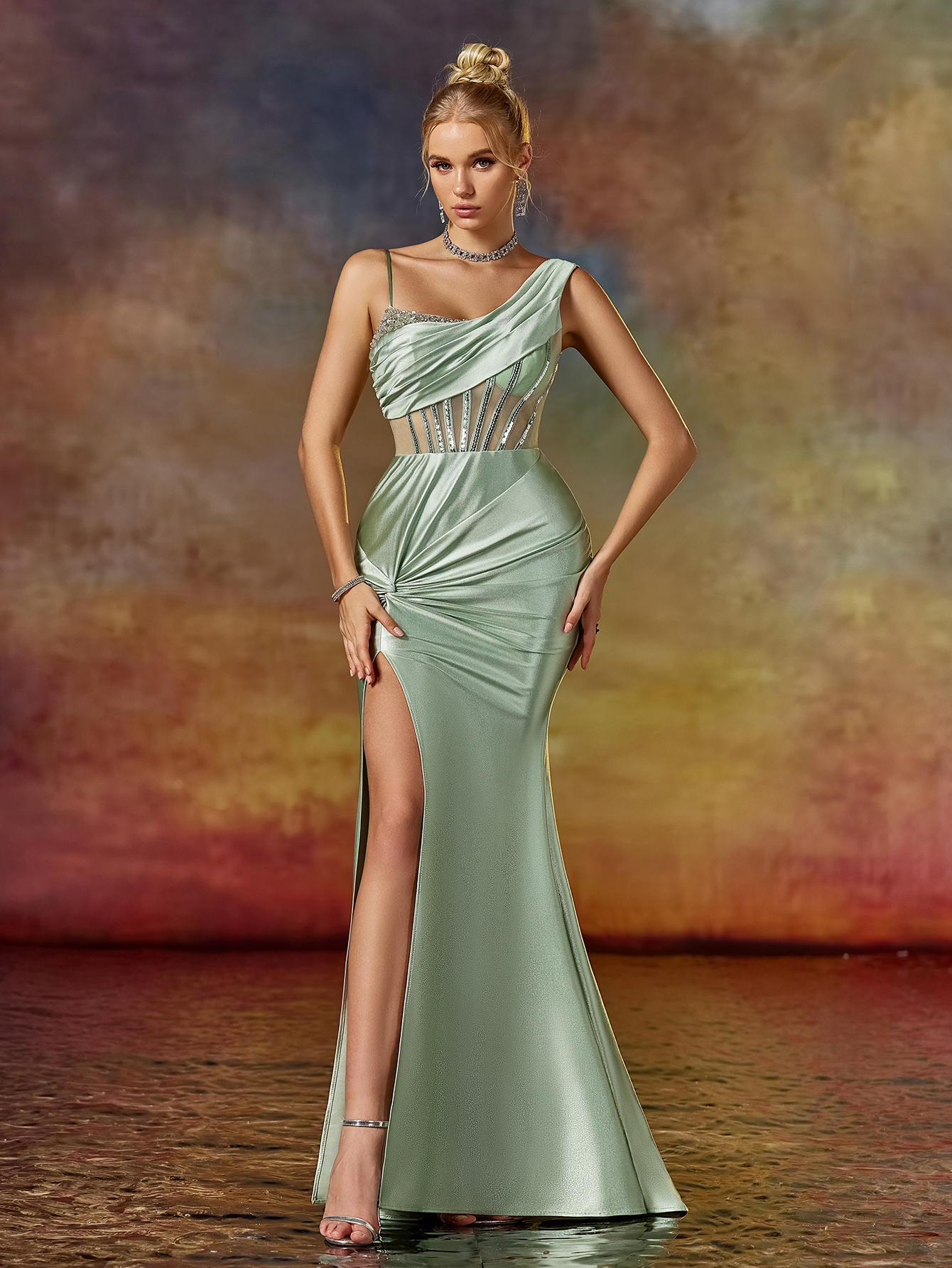 Modecrush One-Shoulder Beaded & Draped Evening Gown with High Slit