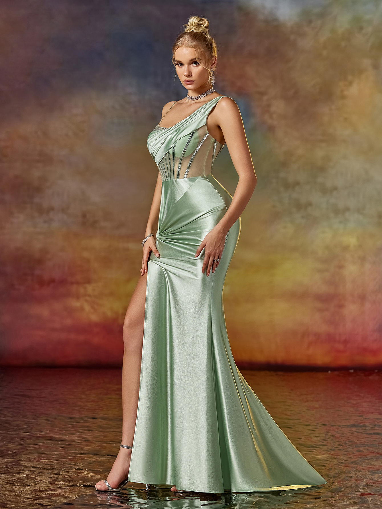 Modecrush One-Shoulder Beaded & Draped Evening Gown with High Slit