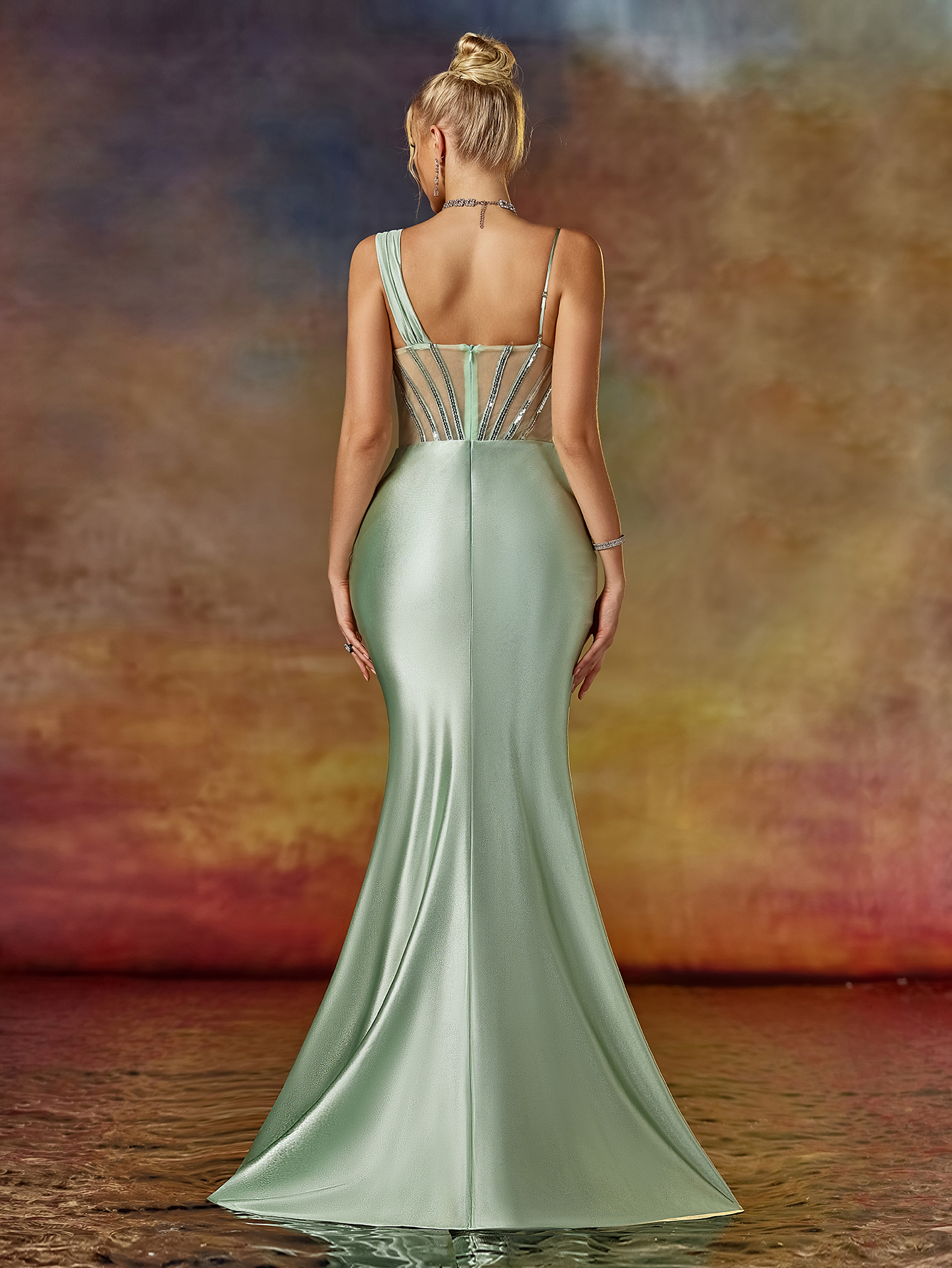 Modecrush One-Shoulder Beaded & Draped Evening Gown with High Slit