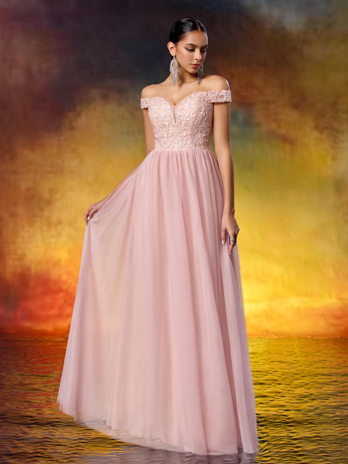 Elegant Sequined Lace Off-the-Shoulder Mesh Evening Gown