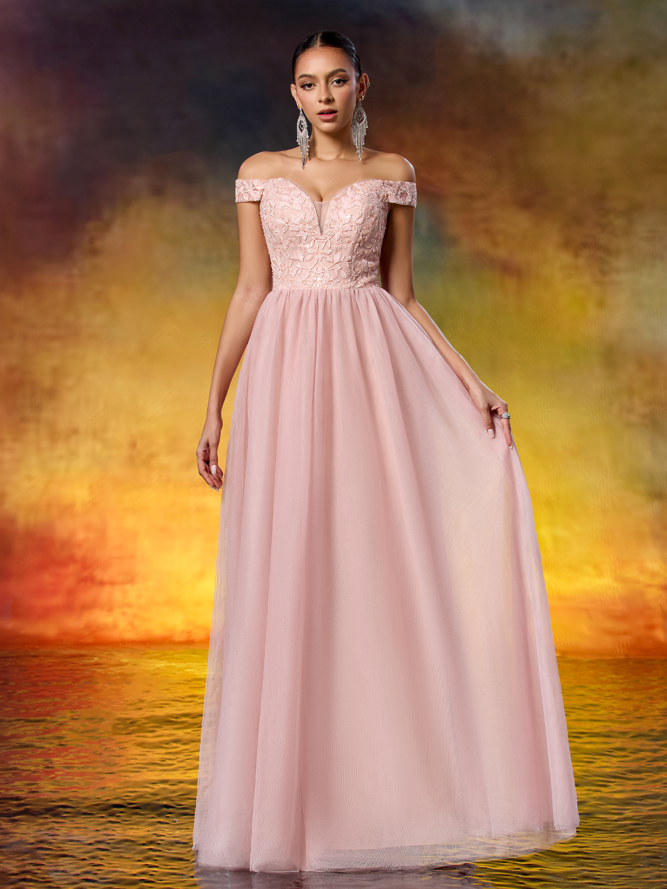 Elegant Sequined Lace Off-the-Shoulder Mesh Evening Gown