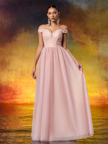 Elegant Sequined Lace Off-the-Shoulder Mesh Evening Gown