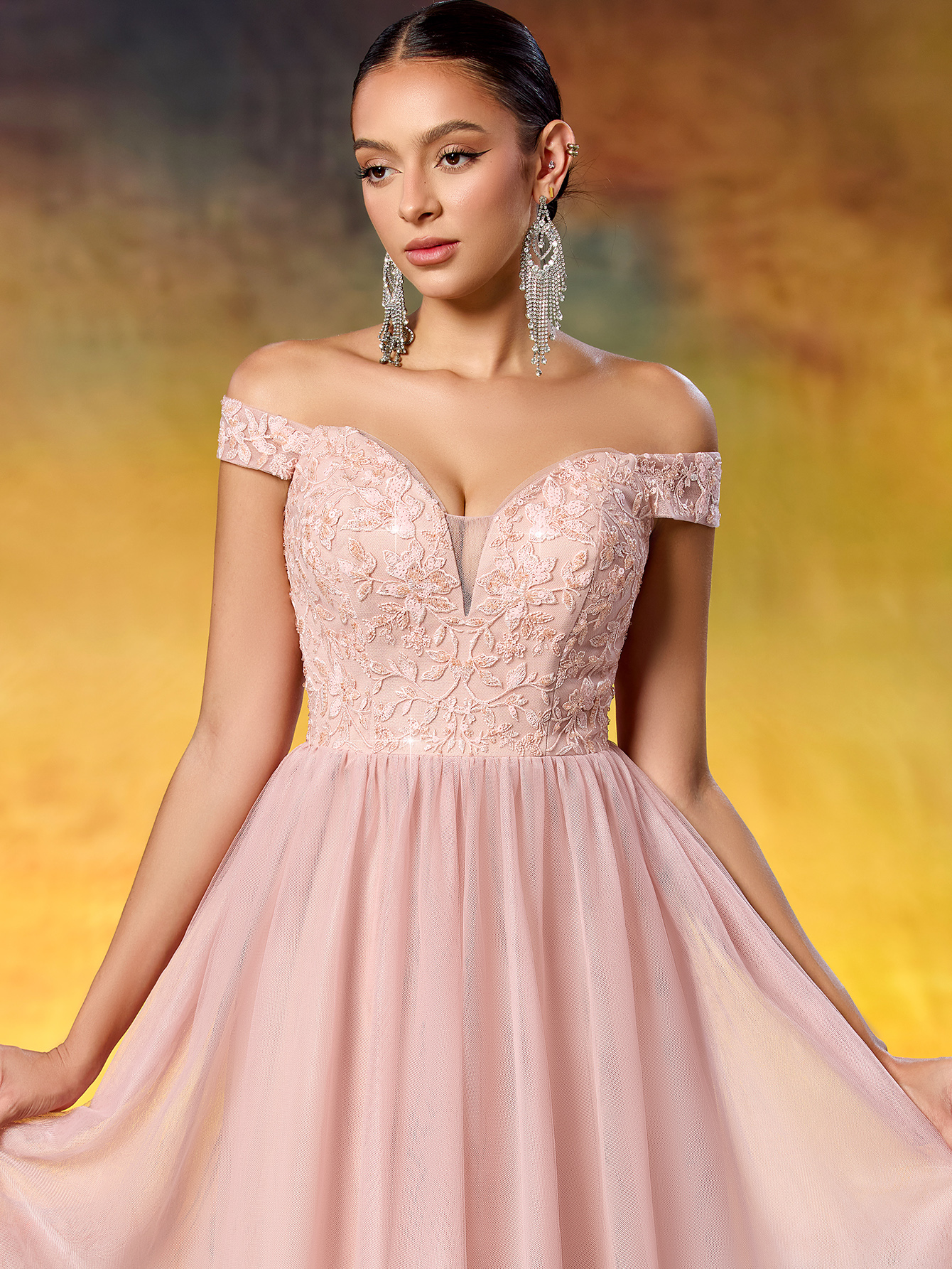 Elegant Sequined Lace Off-the-Shoulder Mesh Evening Gown