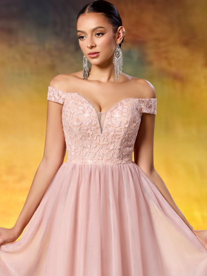 Elegant Sequined Lace Off-the-Shoulder Mesh Evening Gown