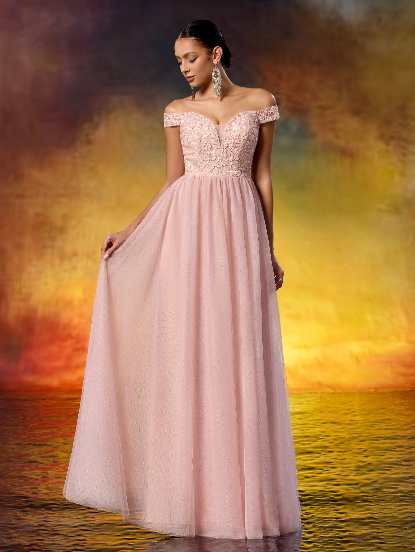 Elegant Sequined Lace Off-the-Shoulder Mesh Evening Gown