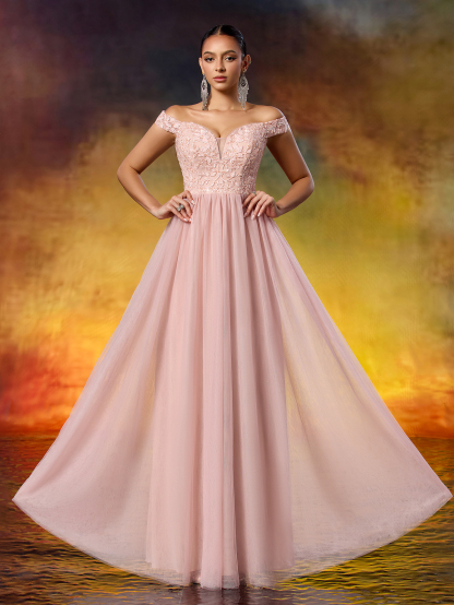 Elegant Sequined Lace Off-the-Shoulder Mesh Evening Gown