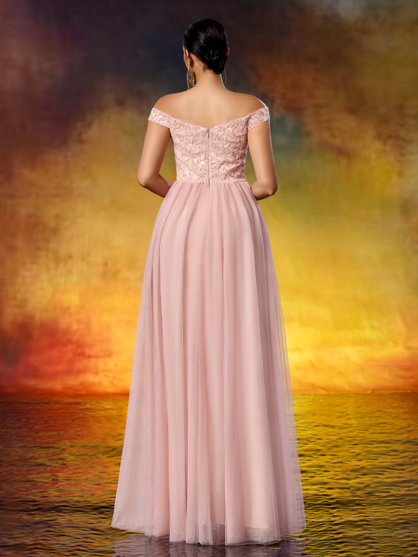 Elegant Sequined Lace Off-the-Shoulder Mesh Evening Gown