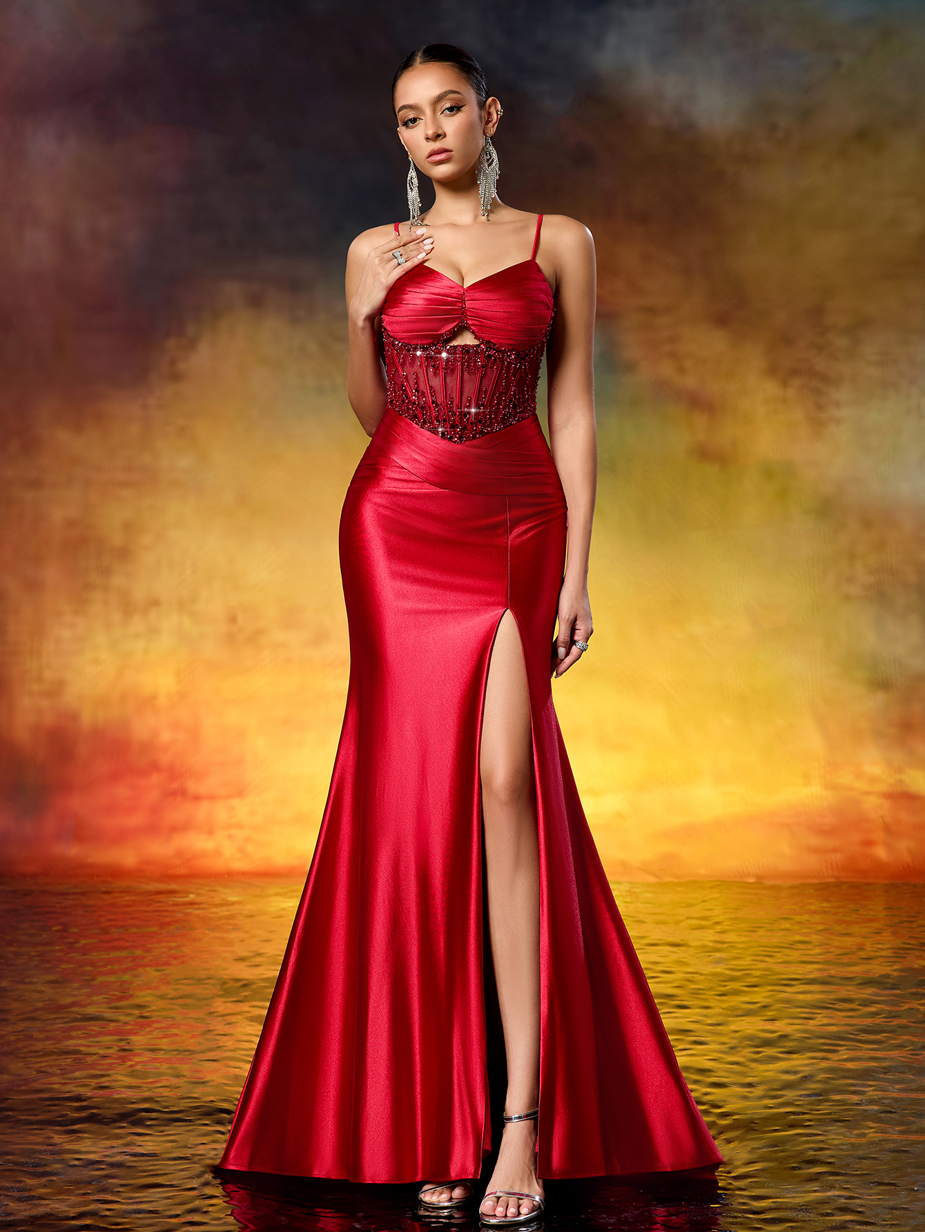 Elegant Beaded Embroidery Ruched Mermaid Gown with High Slit