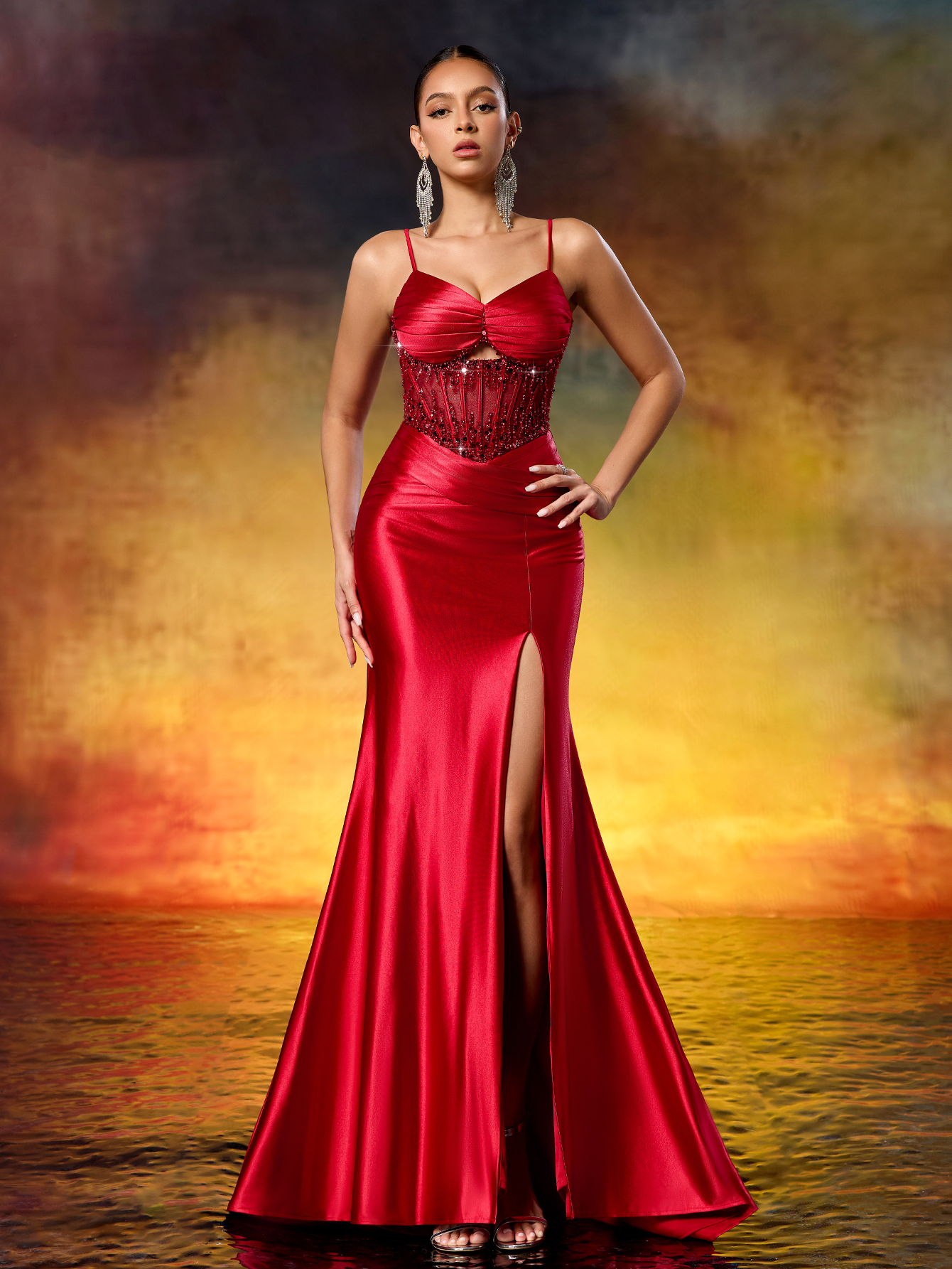 Elegant Beaded Embroidery Ruched Mermaid Gown with High Slit