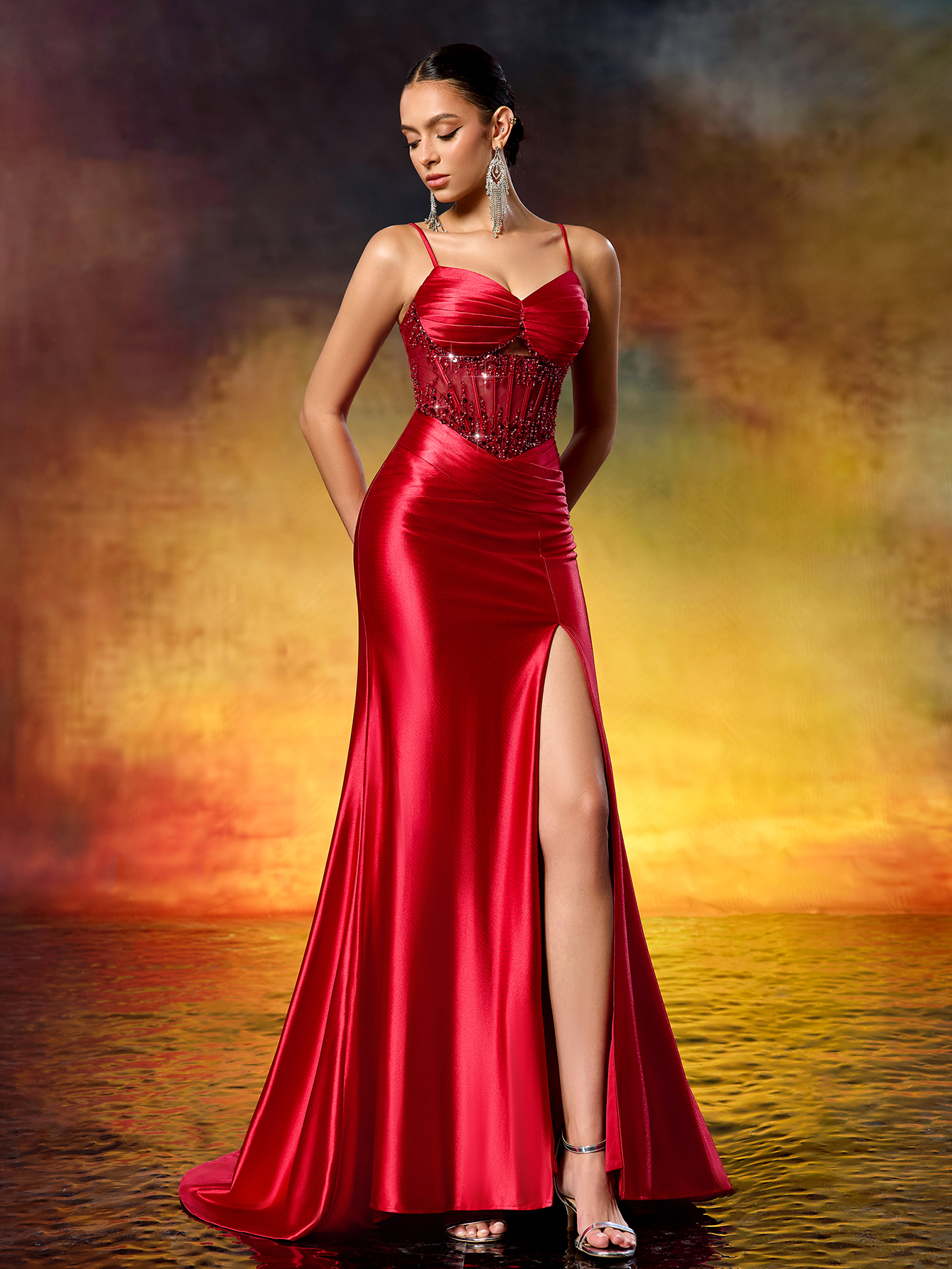 Elegant Beaded Embroidery Ruched Mermaid Gown with High Slit