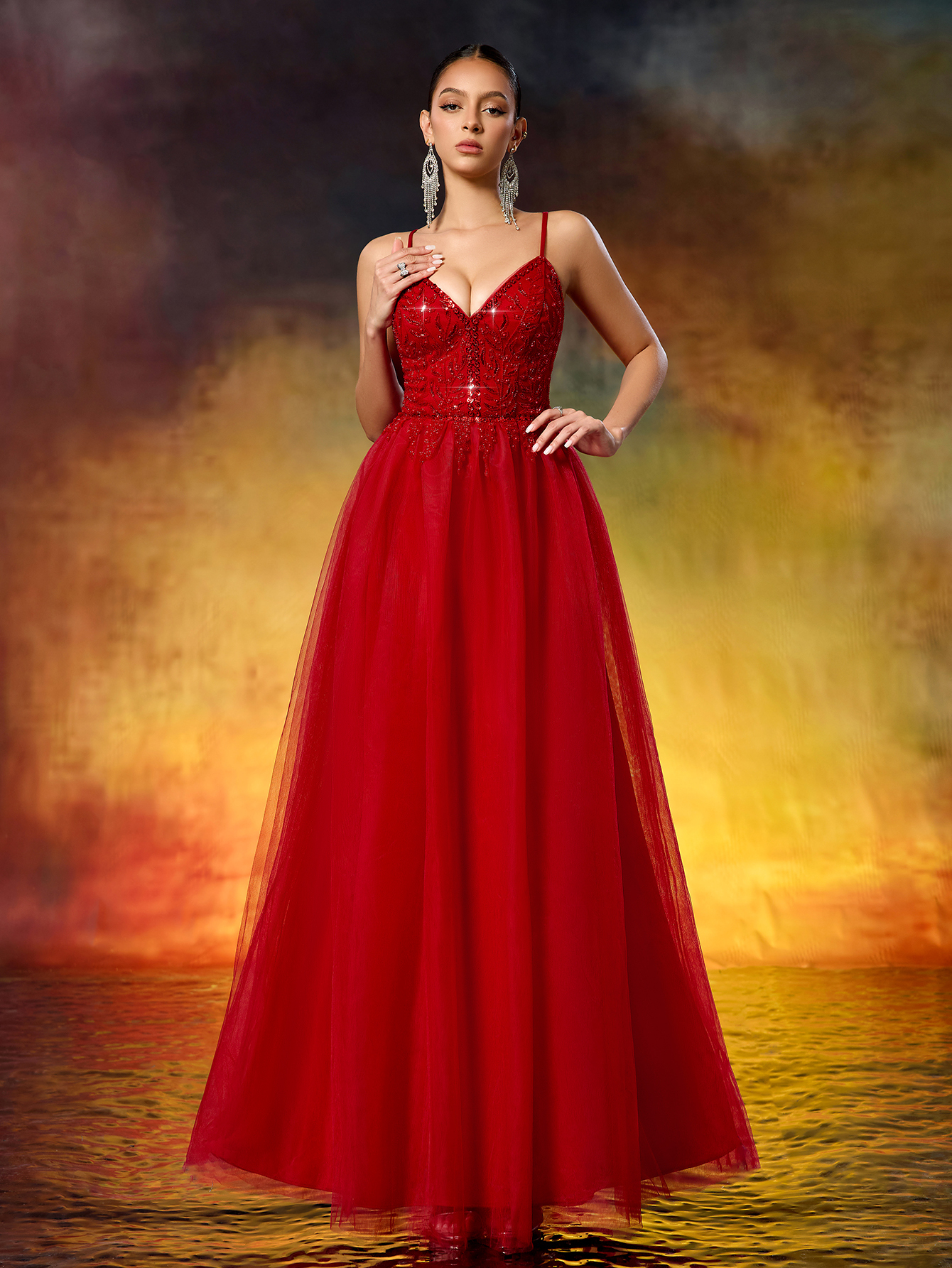 Women's Beaded Deep V-Neck Party Dress Elegant Dress For Wedding Guest, Formal Evening