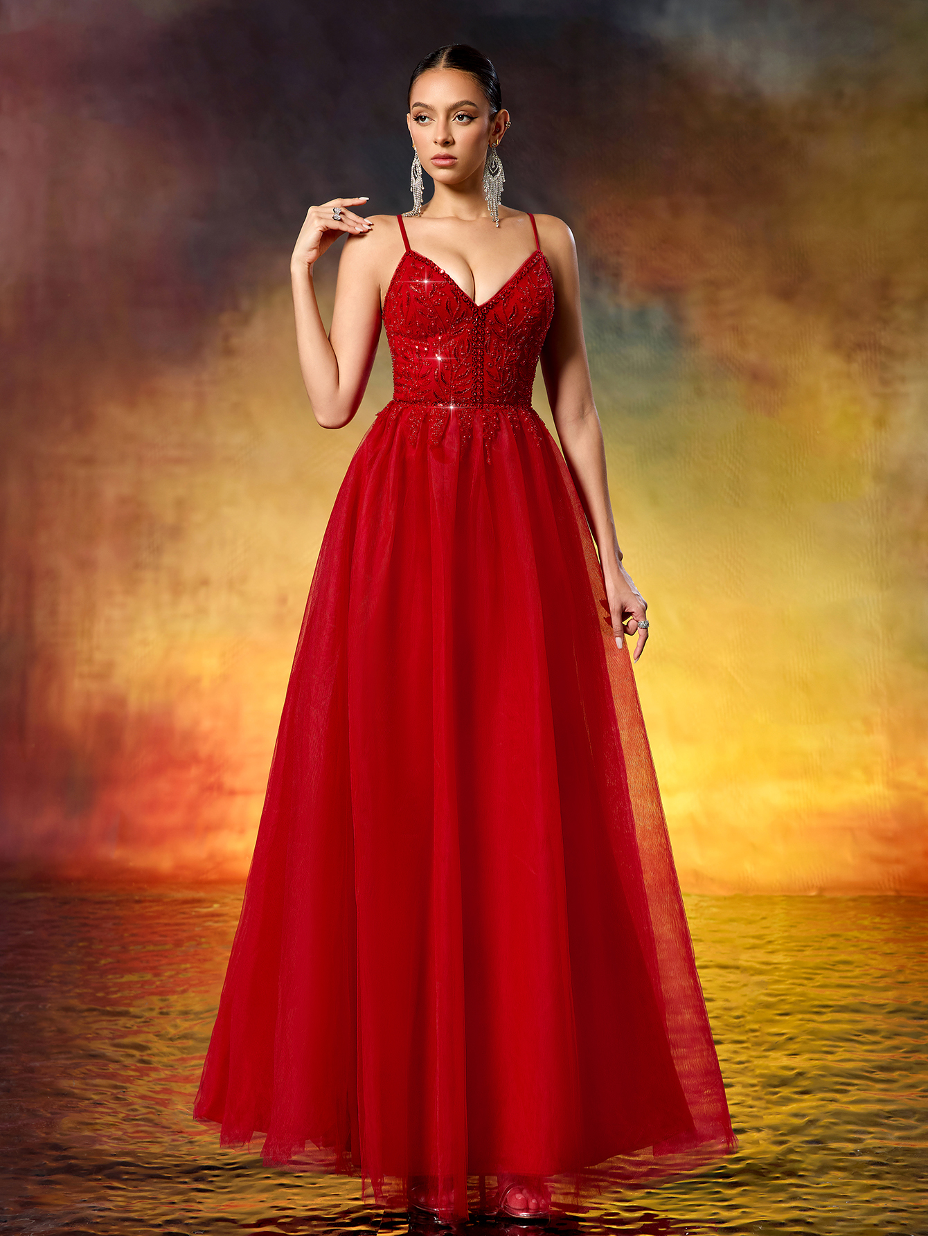 Women's Beaded Deep V-Neck Party Dress Elegant Dress For Wedding Guest, Formal Evening