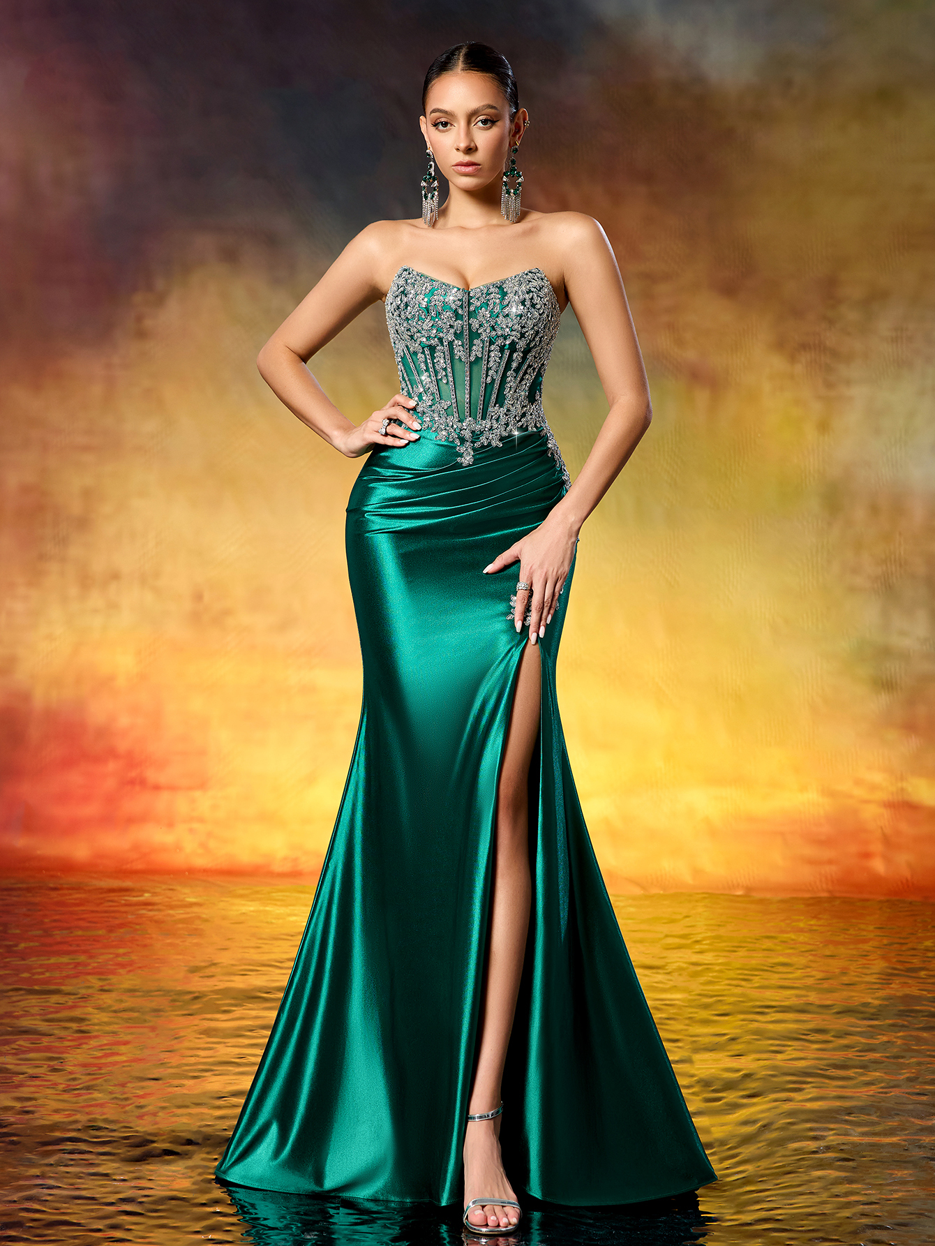 Elegant Strapless Beaded Corset High Slit Train Gown Formal Evening Dress