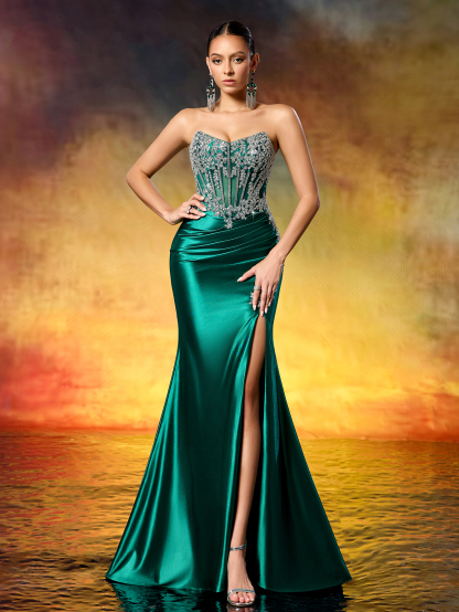 Elegant Strapless Beaded Corset High Slit Train Gown Formal Evening Dress