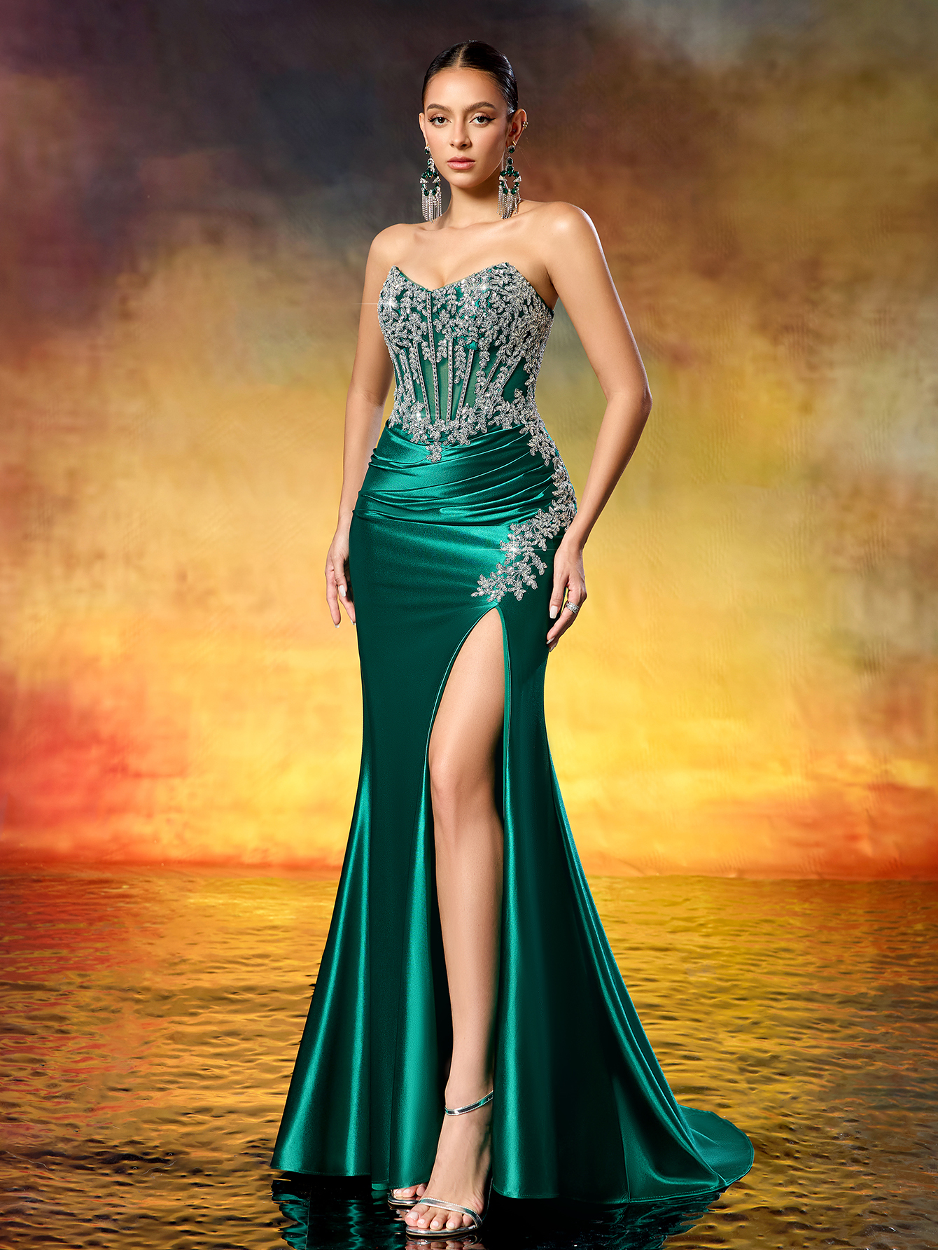 Elegant Strapless Beaded Corset High Slit Train Gown Formal Evening Dress