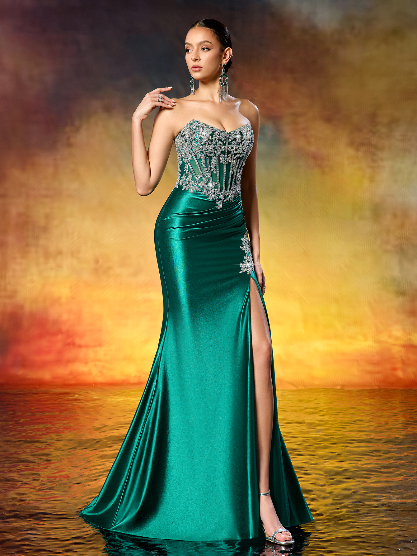Elegant Strapless Beaded Corset High Slit Train Gown Formal Evening Dress