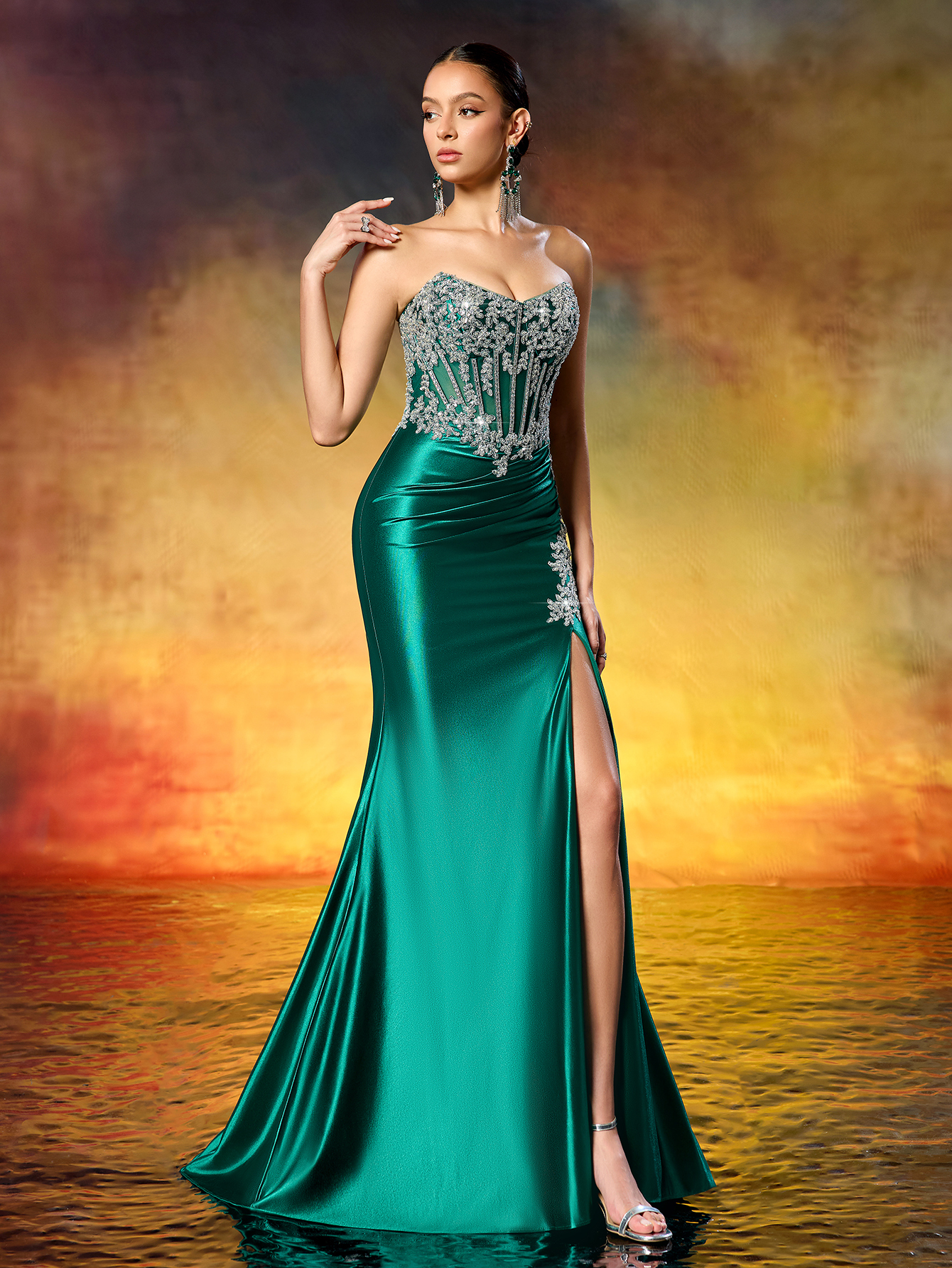 Elegant Strapless Beaded Corset High Slit Train Gown Formal Evening Dress