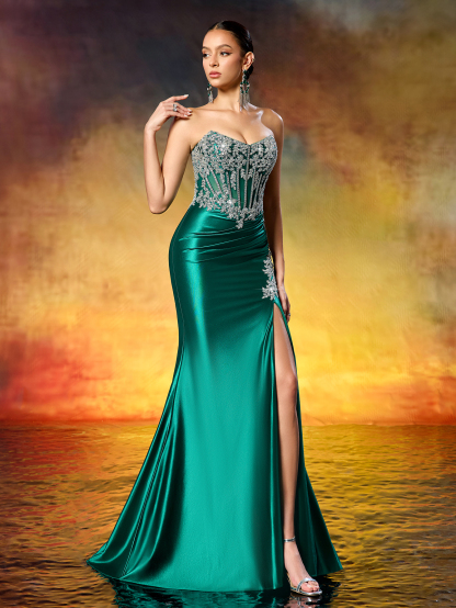 Elegant Strapless Beaded Corset High Slit Train Gown Formal Evening Dress