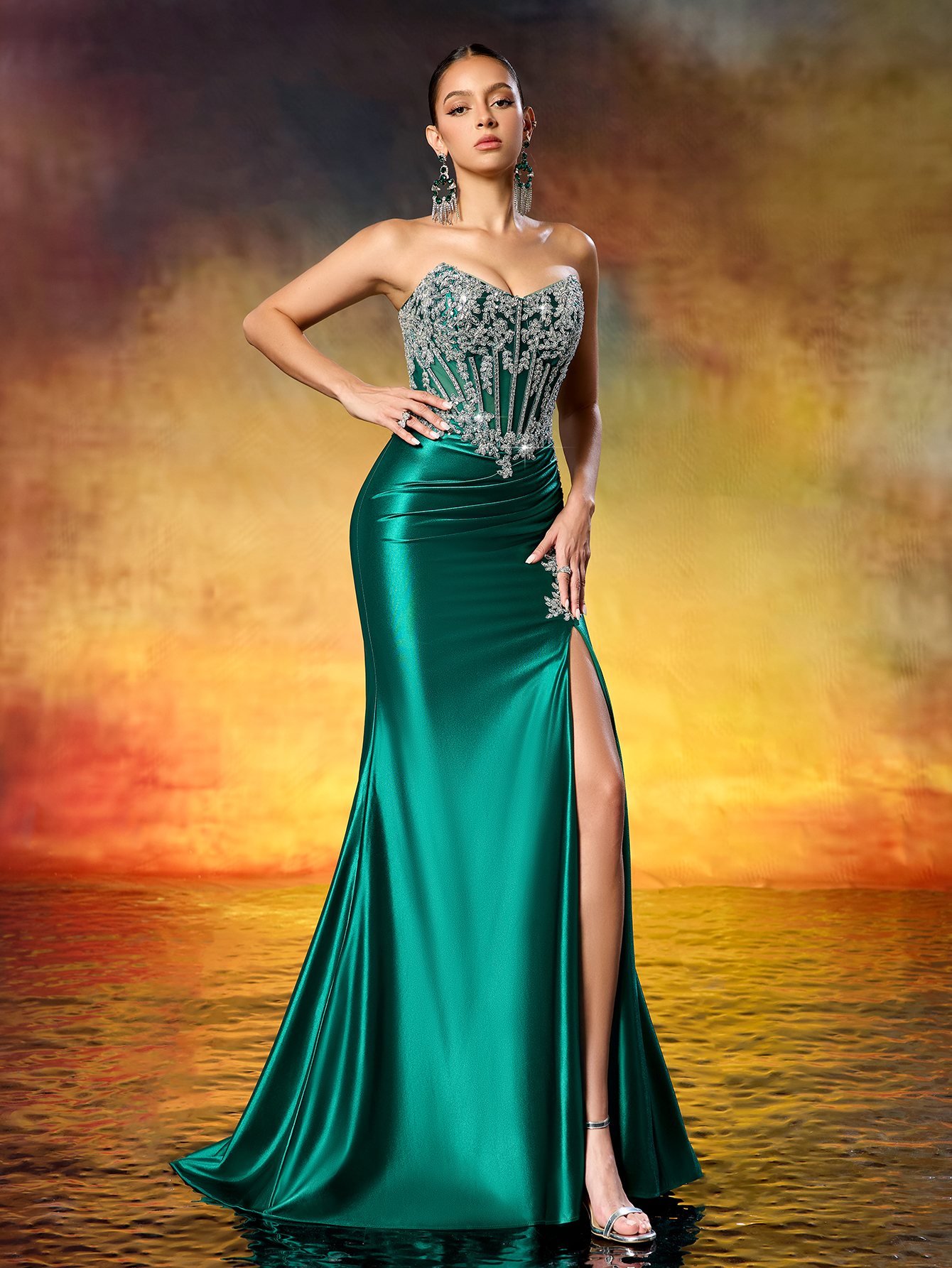 Elegant Strapless Beaded Corset High Slit Train Gown Formal Evening Dress