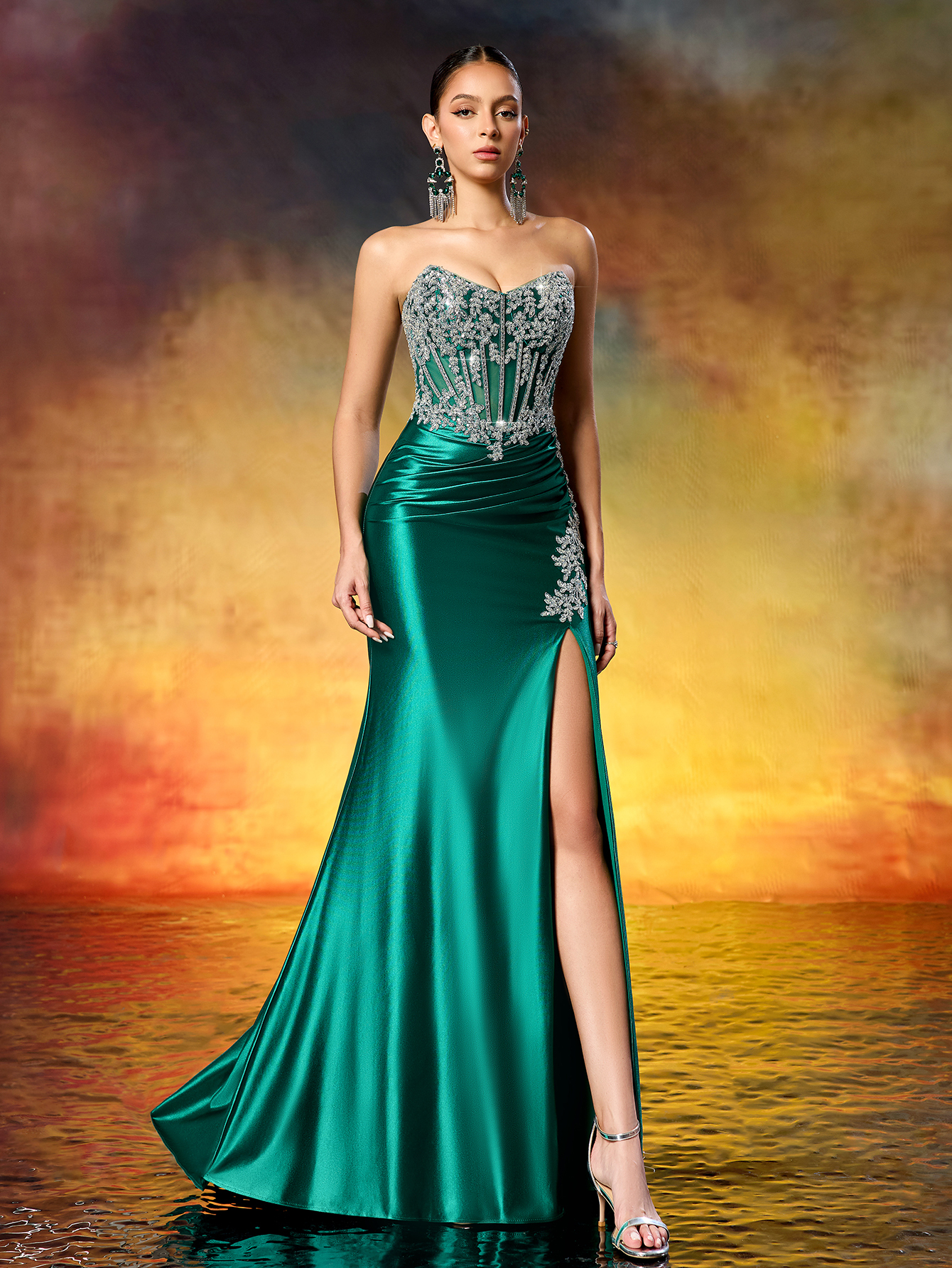 Elegant Strapless Beaded Corset High Slit Train Gown Formal Evening Dr