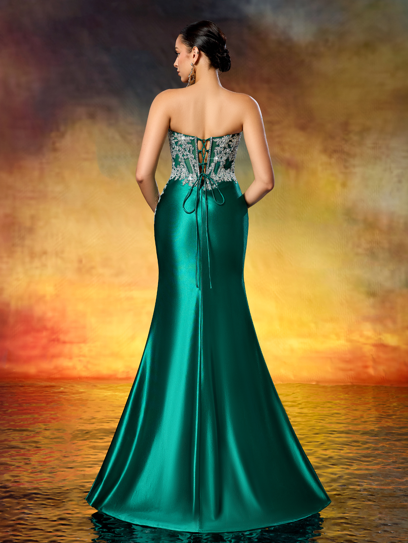 Elegant Strapless Beaded Corset High Slit Train Gown Formal Evening Dress