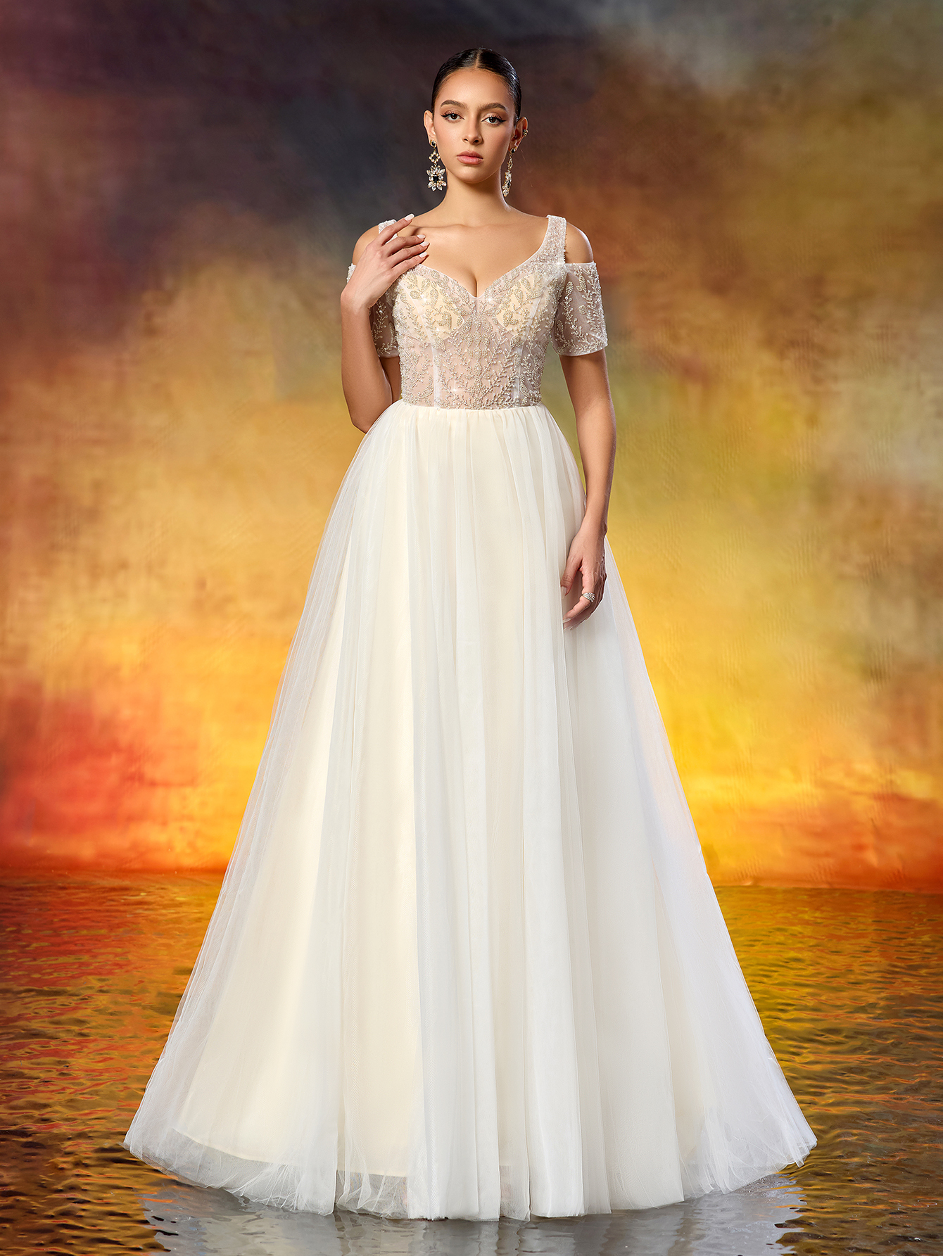 Elegant Sweetheart Neckline Off-Shoulder Short-Sleeve Beaded Tulle Wedding Dress