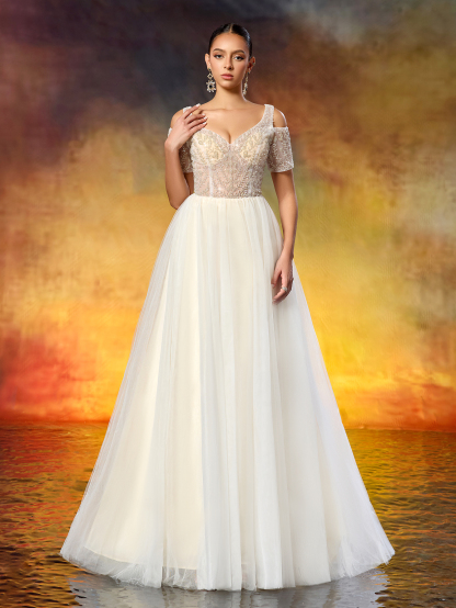 Elegant Sweetheart Neckline Off-Shoulder Short-Sleeve Beaded Tulle Wedding Dress