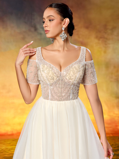 Elegant Sweetheart Neckline Off-Shoulder Short-Sleeve Beaded Tulle Wedding Dress
