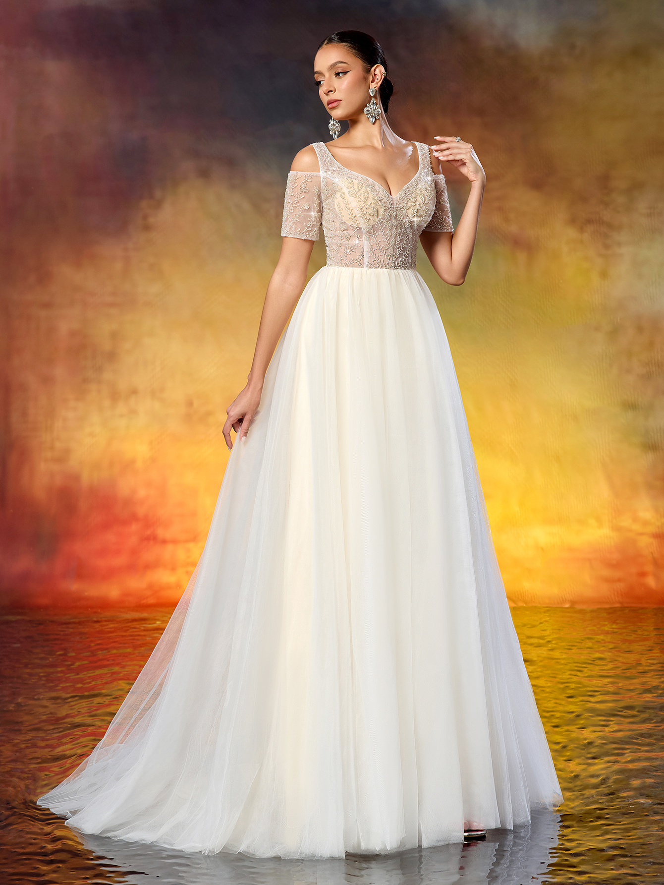 Elegant Sweetheart Neckline Off-Shoulder Short-Sleeve Beaded Tulle Wed