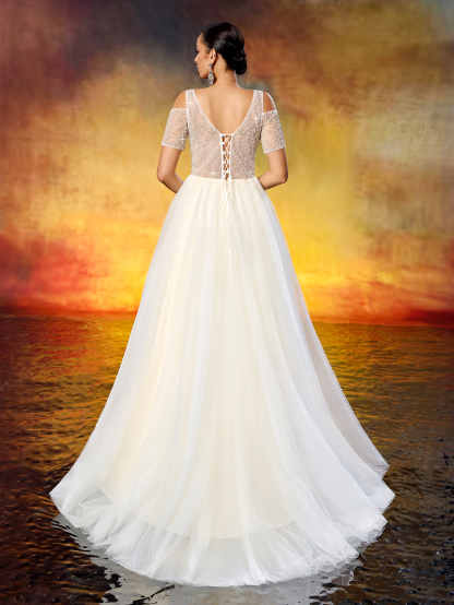 Elegant Sweetheart Neckline Off-Shoulder Short-Sleeve Beaded Tulle Wedding Dress