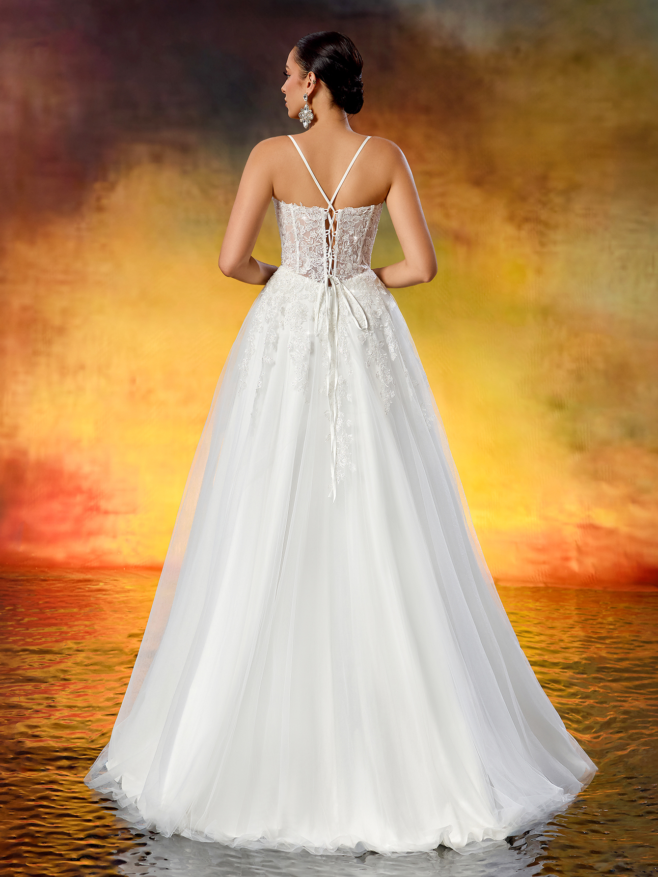Elegant Embroidered Lace Appliqué Rhinestone Ruched Slit Wedding Dress