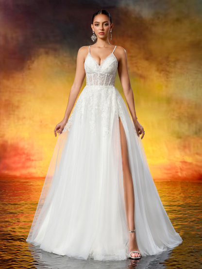 Elegant Embroidered Lace Appliqué Rhinestone Ruched Slit Wedding Dress