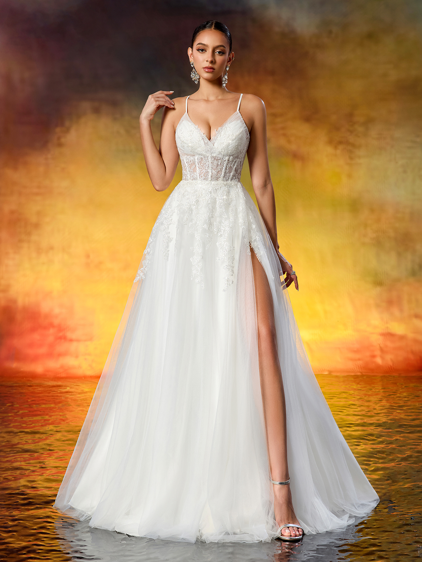Elegant Embroidered Lace Appliqué Rhinestone Ruched Slit Wedding Dress