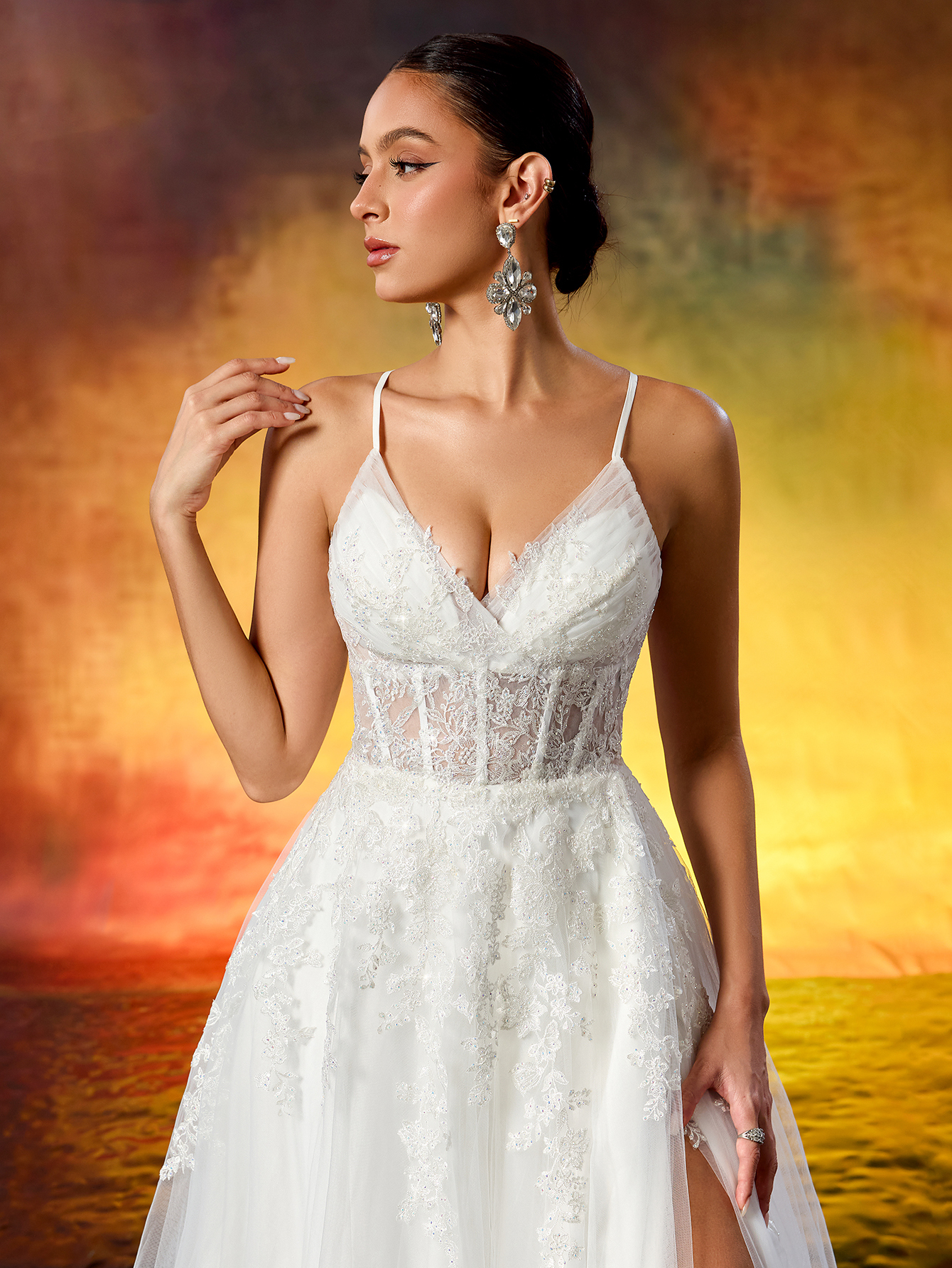 Elegant Embroidered Lace Appliqué Rhinestone Ruched Slit Wedding Dress