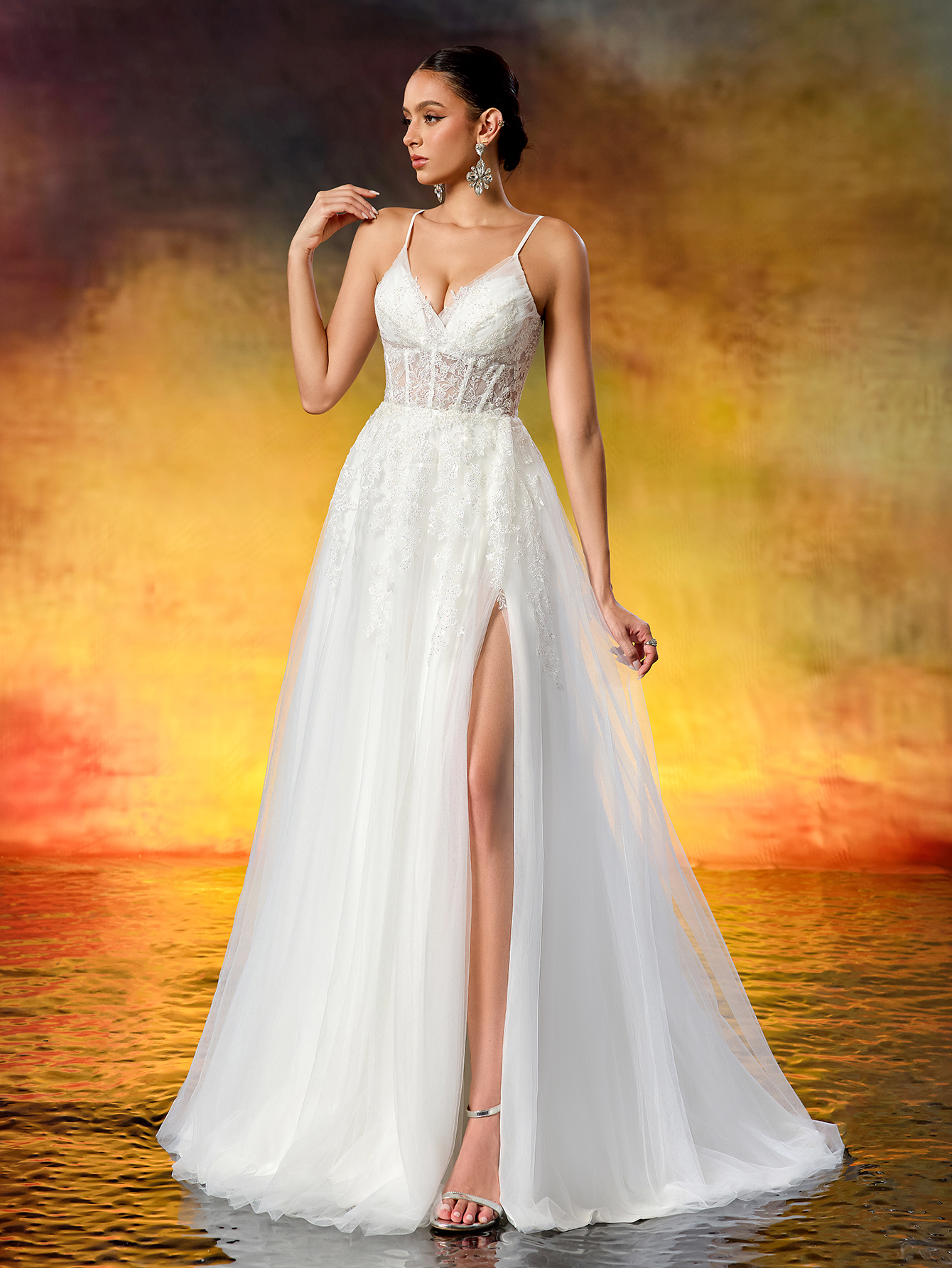 Elegant Embroidered Lace Appliqué Rhinestone Ruched Slit Wedding Dress