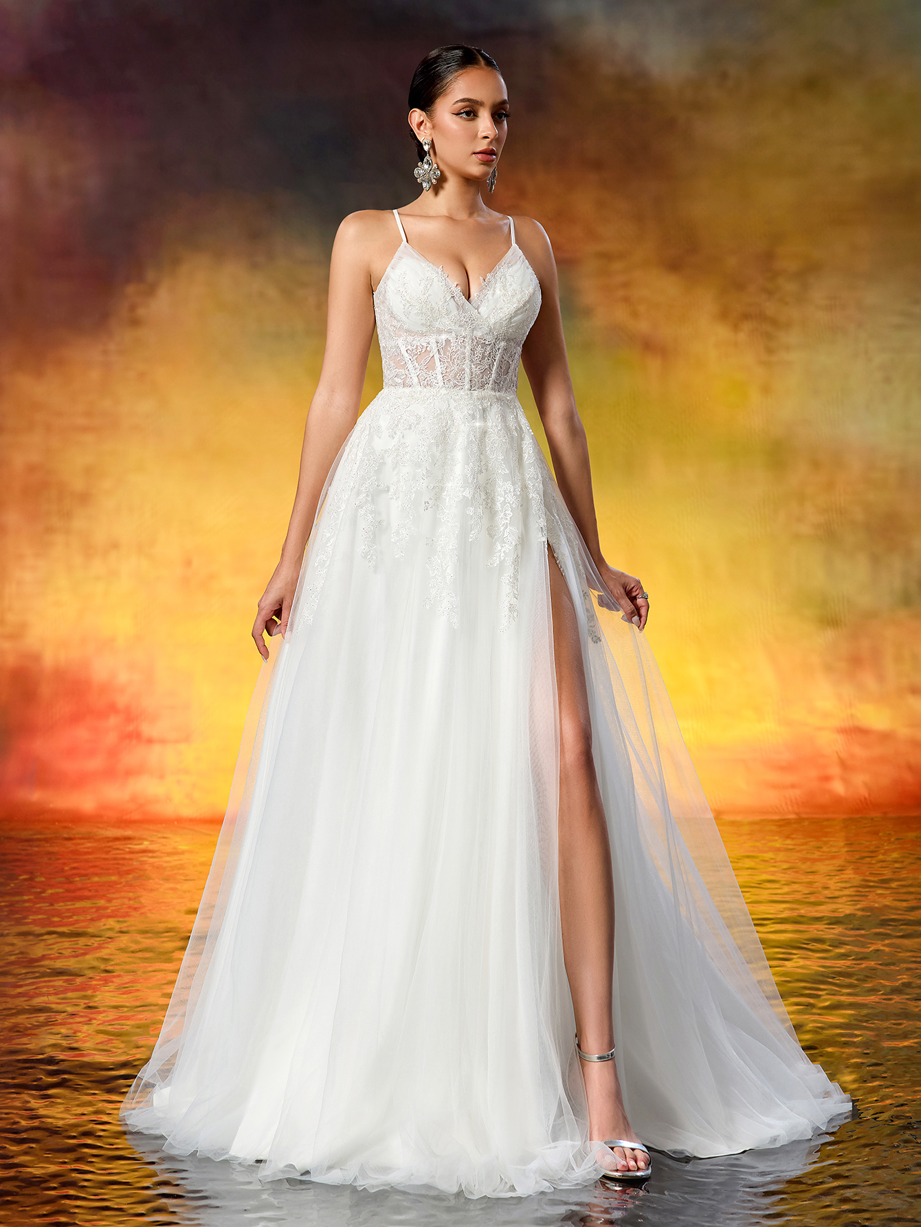 Elegant Embroidered Lace Appliqué Rhinestone Ruched Slit Wedding Dress