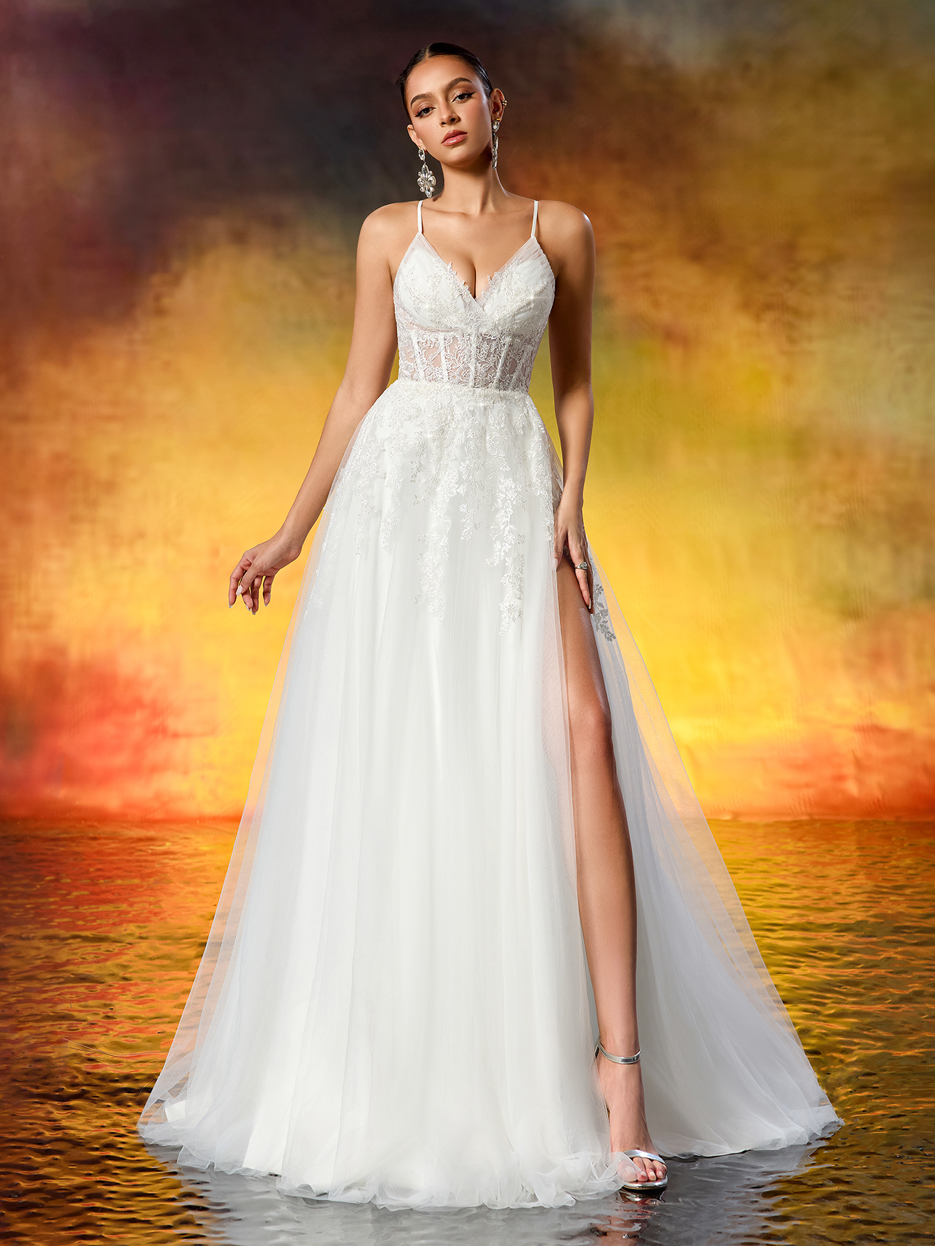 Elegant Embroidered Lace Appliqué Rhinestone Ruched Slit Wedding Dress