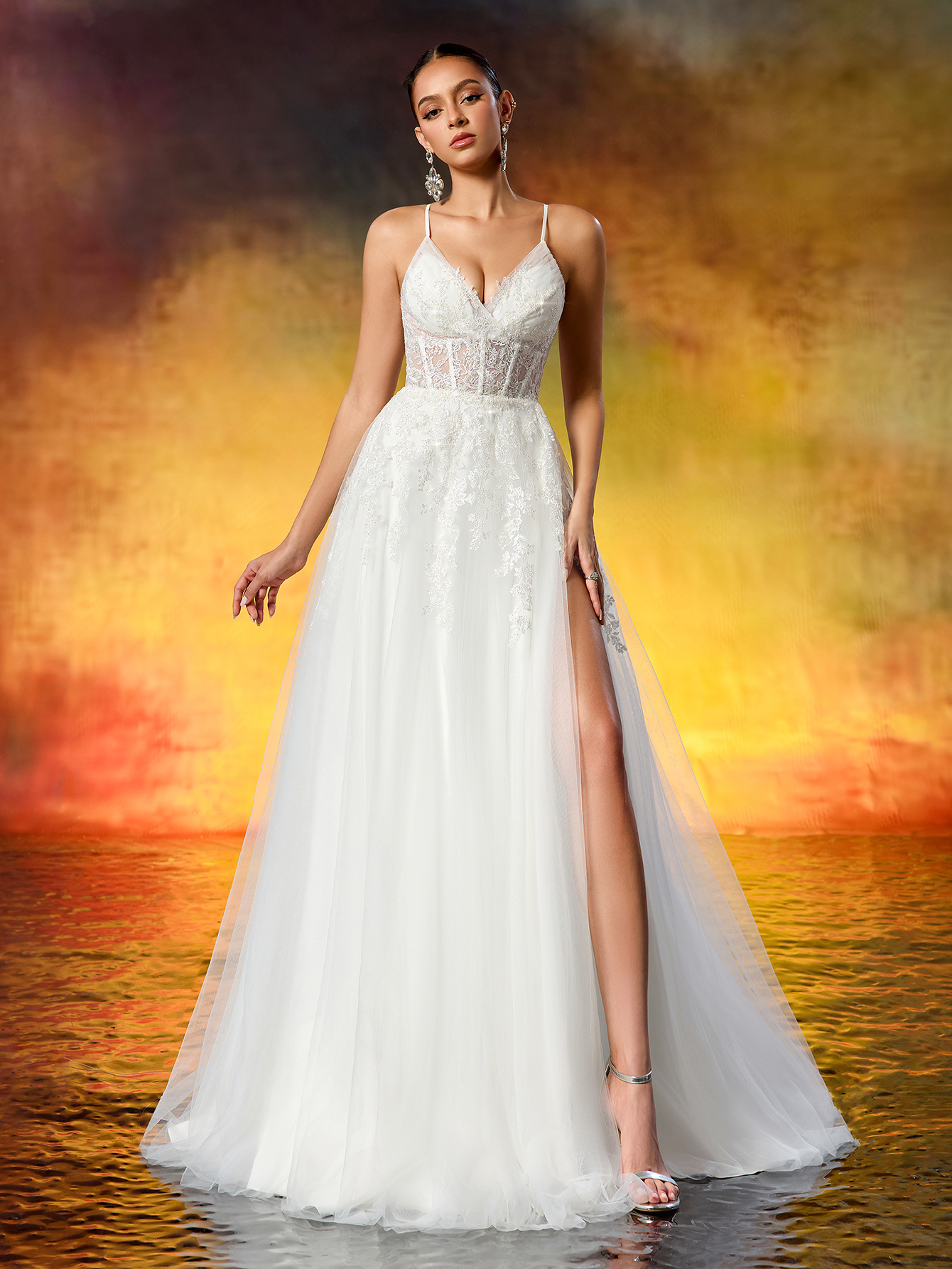 Elegant Embroidered Lace Appliqué Rhinestone Ruched Slit Wedding Dress