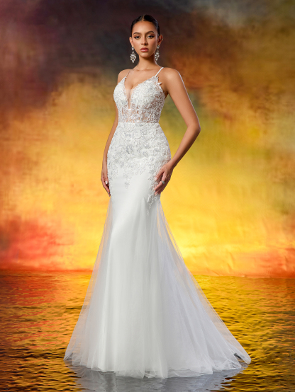 Elegant Spaghetti Straps Lace Embroidery Appliqué Mermaid Tulle Wedding Dress