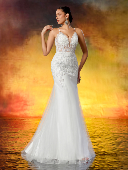 Elegant Spaghetti Straps Lace Embroidery Appliqué Mermaid Tulle Wedding Dress