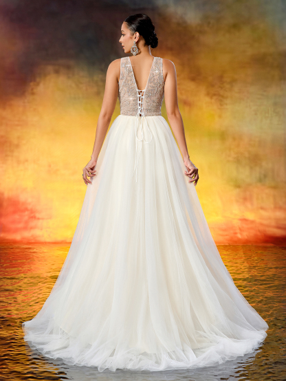 Elegant Round Neck Beaded Tulle Wedding Gown