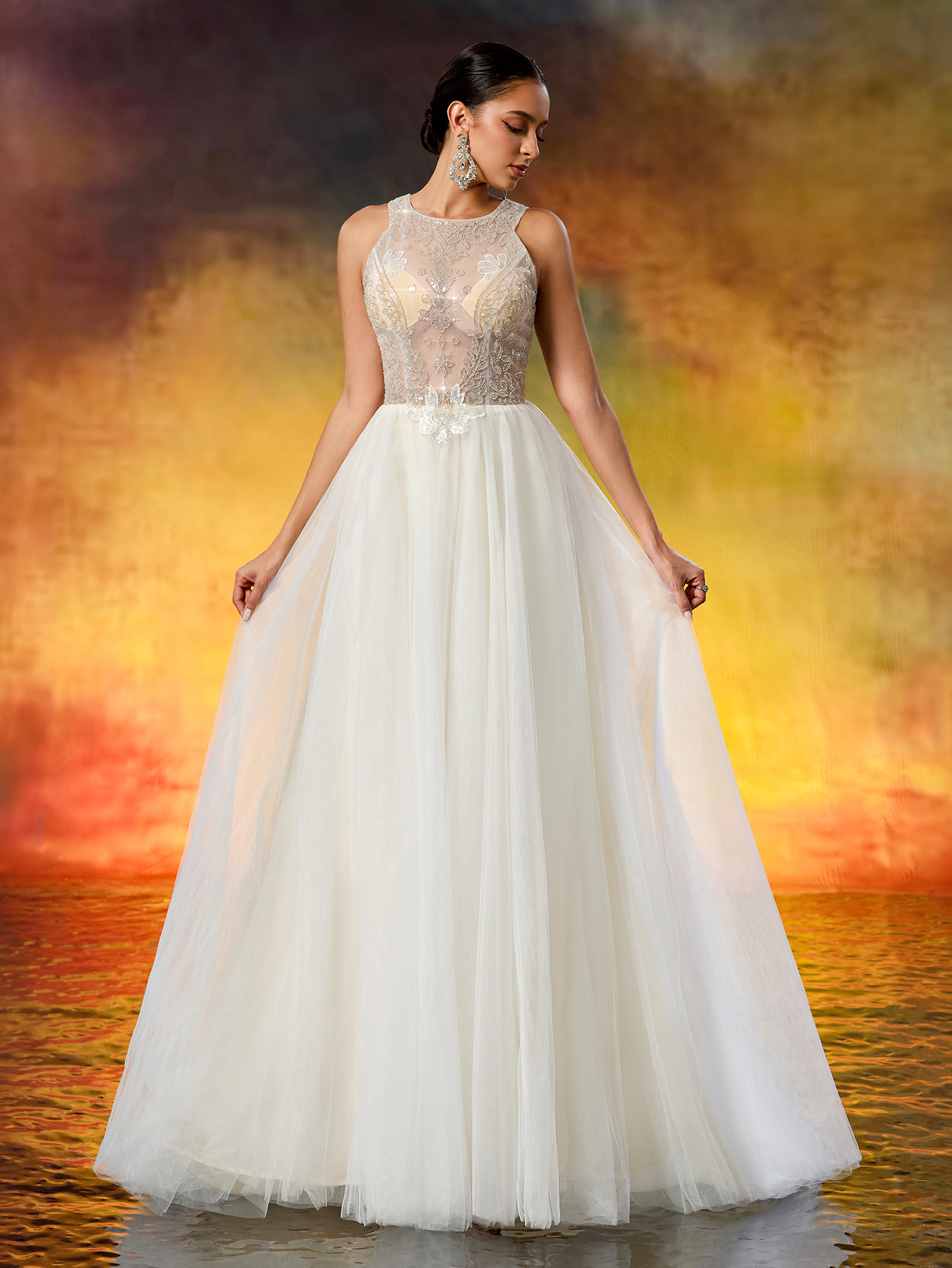 Elegant Round Neck Beaded Tulle Wedding Gown