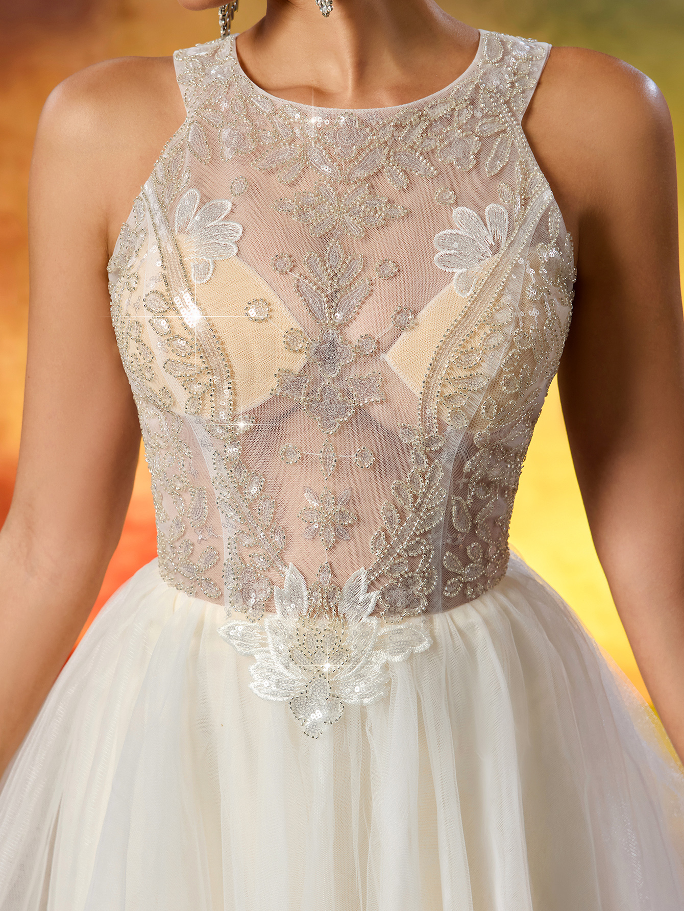 Elegant Round Neck Beaded Tulle Wedding Gown