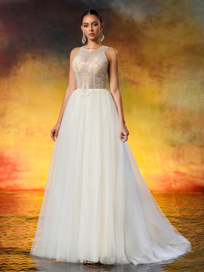 Elegant Round Neck Beaded Tulle Wedding Gown