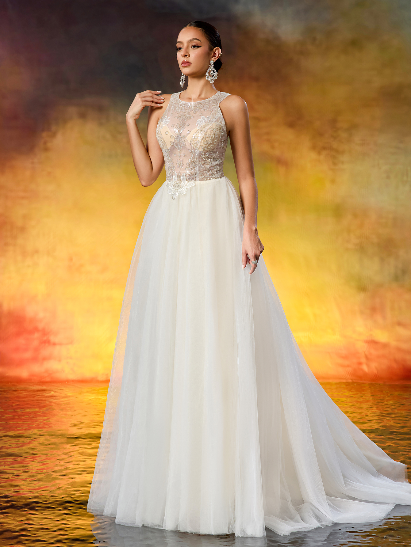 Elegant Round Neck Beaded Tulle Wedding Gown