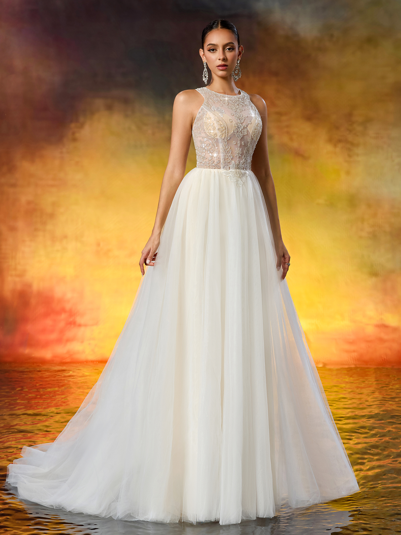 Elegant Round Neck Beaded Tulle Wedding Gown