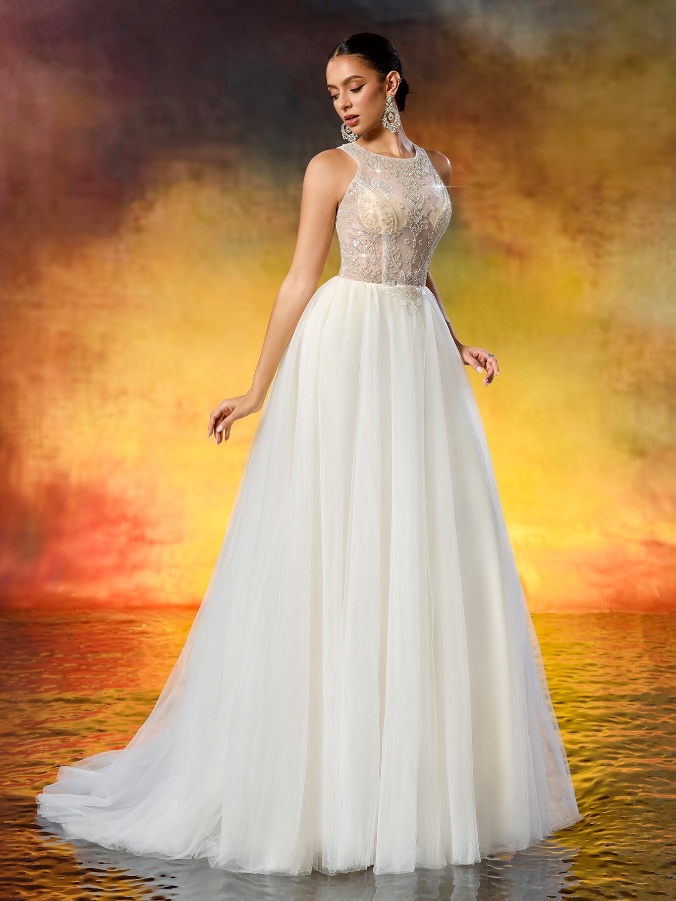 Elegant Round Neck Beaded Tulle Wedding Gown