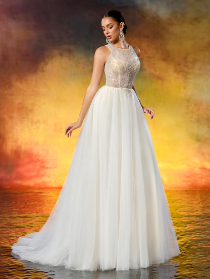 Elegant Round Neck Beaded Tulle Wedding Gown