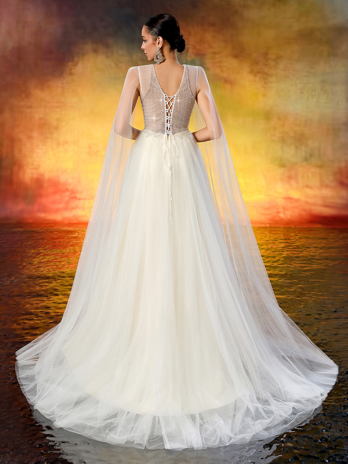 Elegant V-Neck Beaded Embroidery Wedding Dress - Sheer Long Flowing Sleeves & A-Line Tulle
